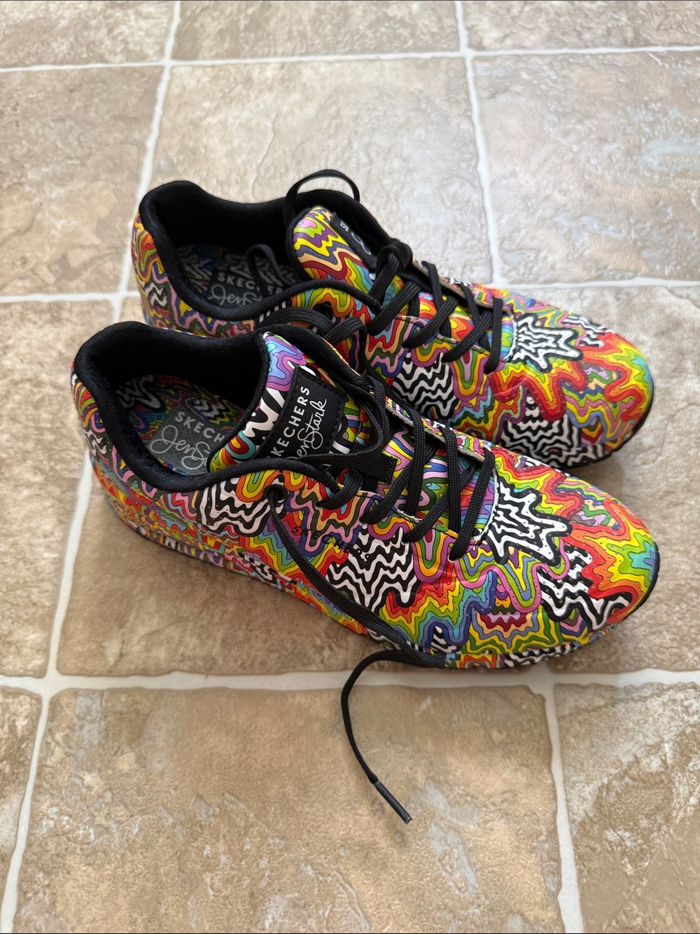 Skechers Women’s Black Sneakers with Neon Rainbow Swirl Print. Jen Stark design